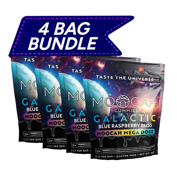 Moocah Blue Raspberry Bliss Mushroom Gummies 4-pack with 15,000 mg bags and bold blue raspberry artwork
