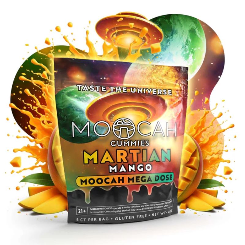  Front of Moocah Martian Mango Mushroom Gummies with mango-themed artwork and bold 5-count label.