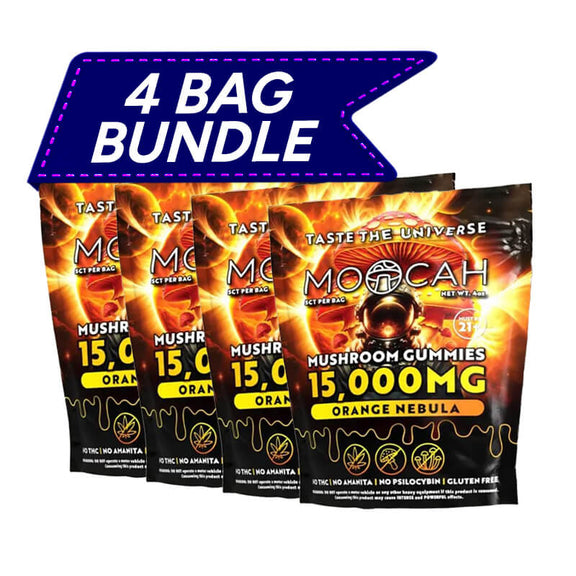 Moocah Orange Nebula Bulk Mushroom Gummies 4 Pack Bundle with bright citrus flavor and premium mushroom blend.