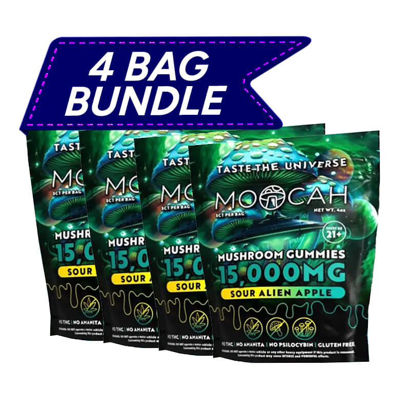 Moocah Sour Alien Apple Mushroom Gummies 4-pack showing 5-count bags with sour apple artwork and branding.