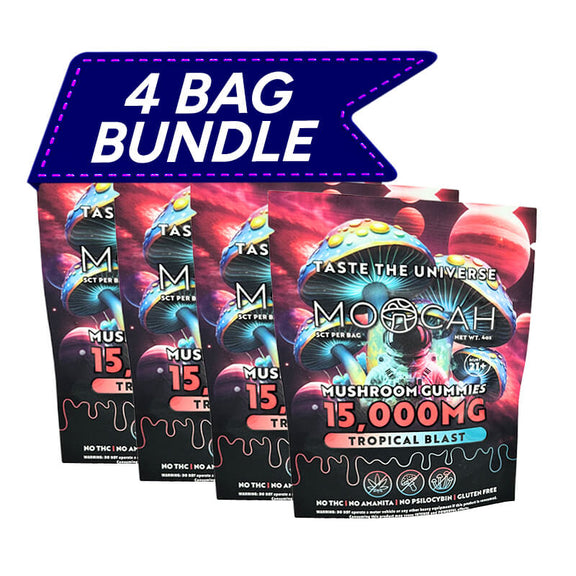 Moocah Tropical Blast Mushroom Gummies 4-pack with 15,000 mg bags for mind-enhancing effects 4x.