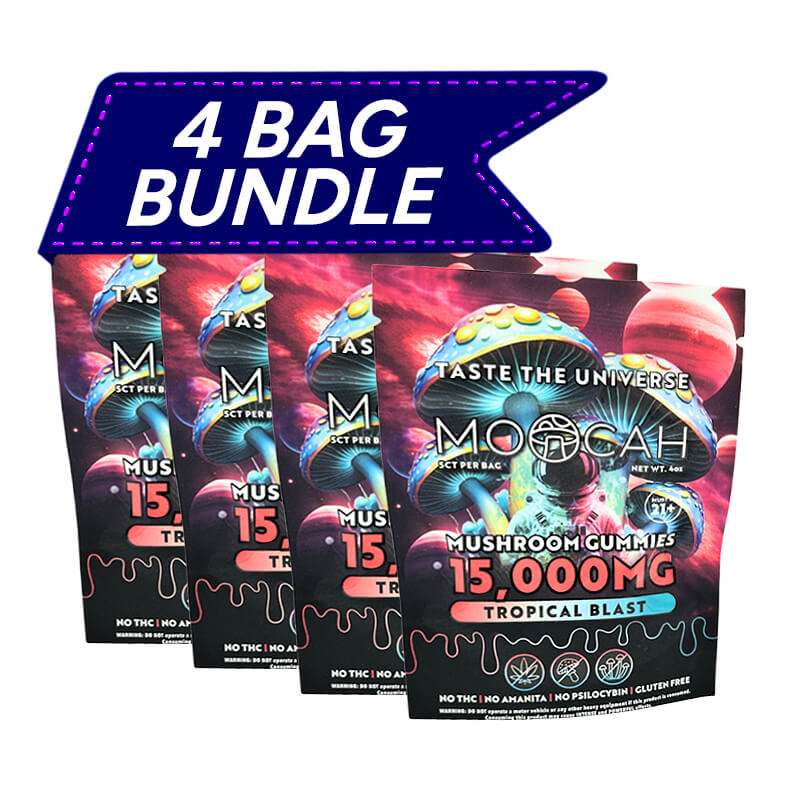 Moocah Tropical Blast Mushroom Gummies 4-pack with 15,000 mg bags for mind-enhancing effects 4x.