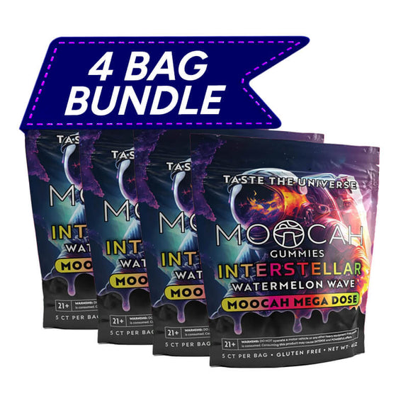 Moocah Watermelon Wave Mushroom Gummies 4-pack with 15,000 mg bags and bright watermelon-themed artwork.