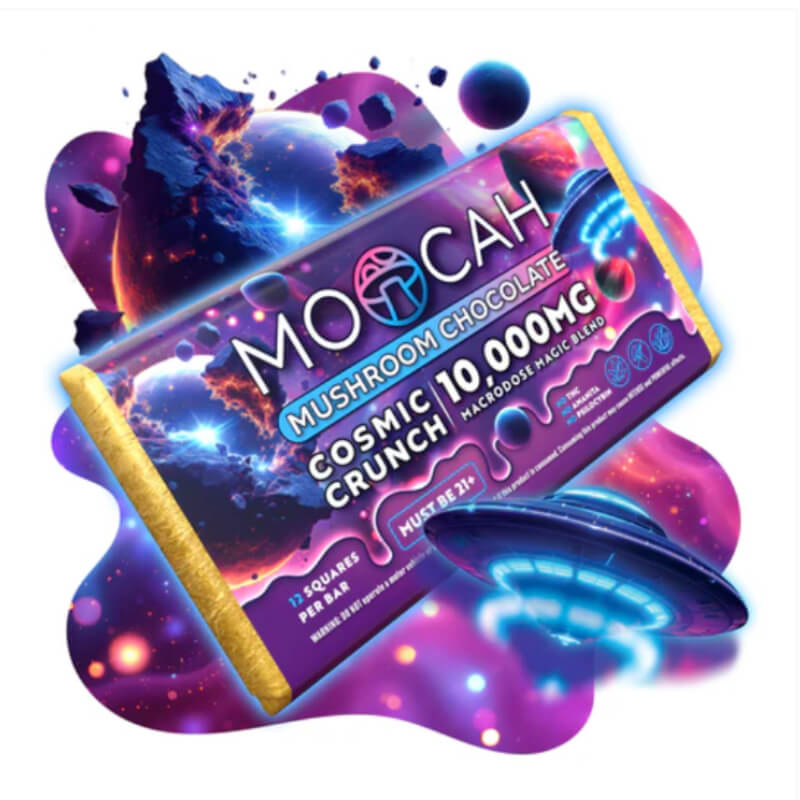 A product picture for the Moocah macro-dose mushroom chocolate bar with the flavor Cosmic Crunch.
