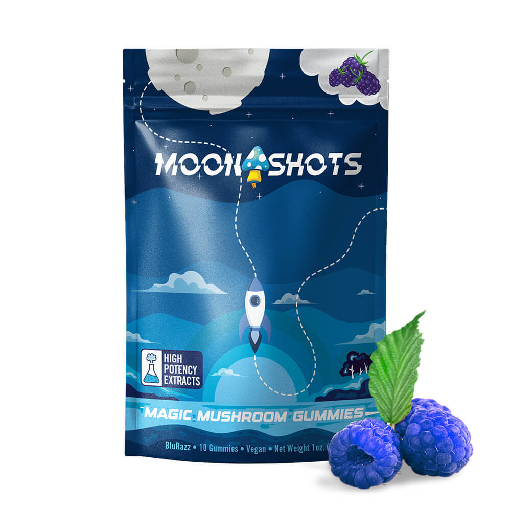 Moonshots mushroom gummies packaging with blueberries and a rocket illustration on the front of the package.