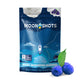 Moonshots mushroom gummies packaging with blueberries and a rocket illustration on the front of the package.