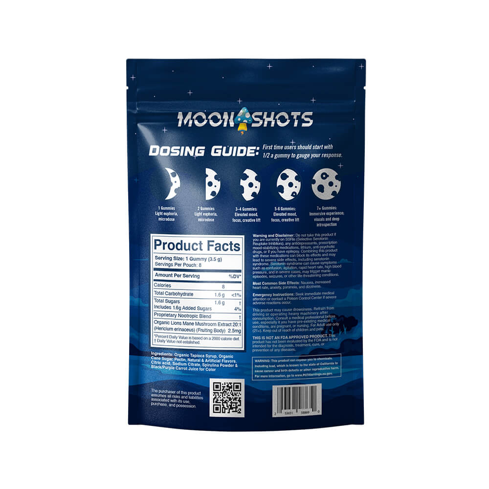Moonshots blue raspberry mushroom gummies packaging with mushroom illustrations and text on the back showing nutrition and ingredient facts.
