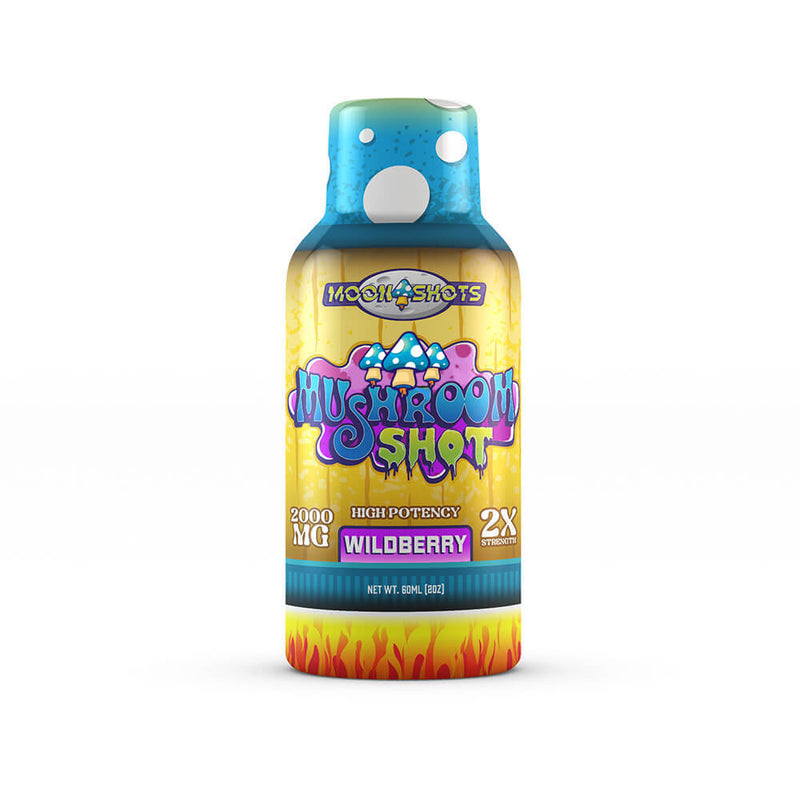 Colorful bottle of Moonshots 'Magic Mushroom Shot' with wildberry flavor on a white background