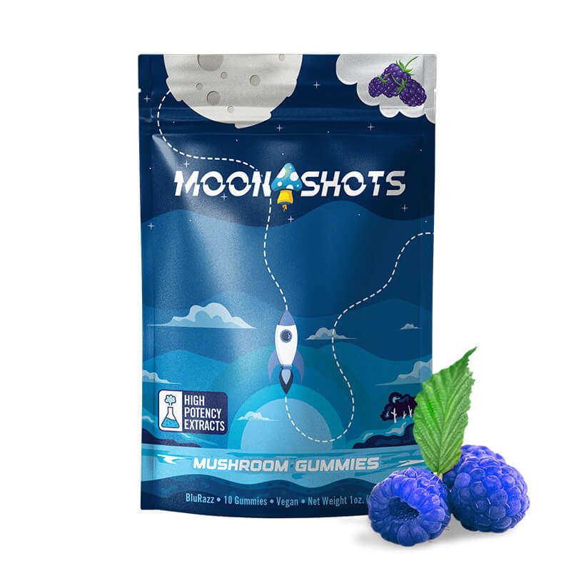 Moonshots mushroom gummies packaging with blueberries and a rocket illustration on the front of the package.