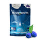 Moonshots mushroom gummies packaging with blueberries and a rocket illustration on the front of the package.