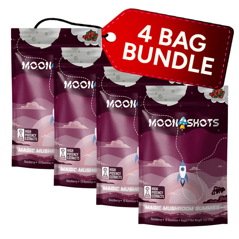 A product picture of Snozzberry-flavored moonshots. Gummy Bags for the Four bag bundle deal. Only $19.99 per bag. When you buy four.