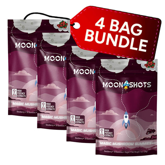 A product picture of Snozzberry-flavored moonshots. Gummy Bags for the Four bag bundle deal. Only $19.99 per bag. When you buy four.