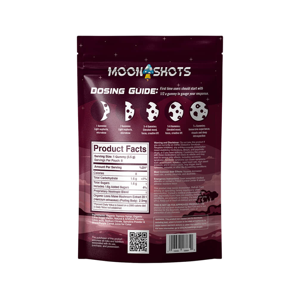 Moonshots' highly potent snozzberry mushroom gummies packaging with mushroom illustrations and text on the back showing nutrition and ingredient facts.
