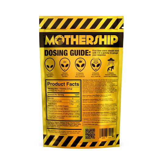 Mothership Mango Extra Strength Mushroom Gummies resealable bag designed to maintain freshness and quality.