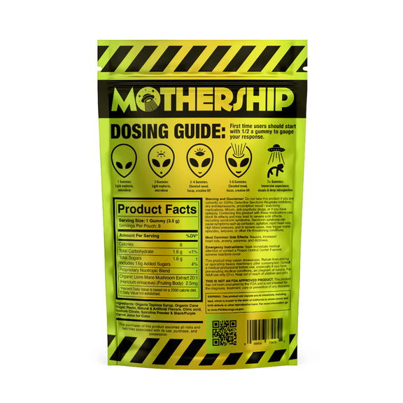 Mothership Tropical Fruit Extra Strength Mushroom Gummies resealable bag designed to maintain freshness and quality.