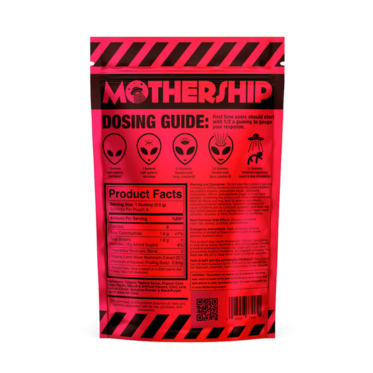 Mothership Watermelon Extra Strength Mushroom Gummies resealable bag designed to maintain freshness and quality.