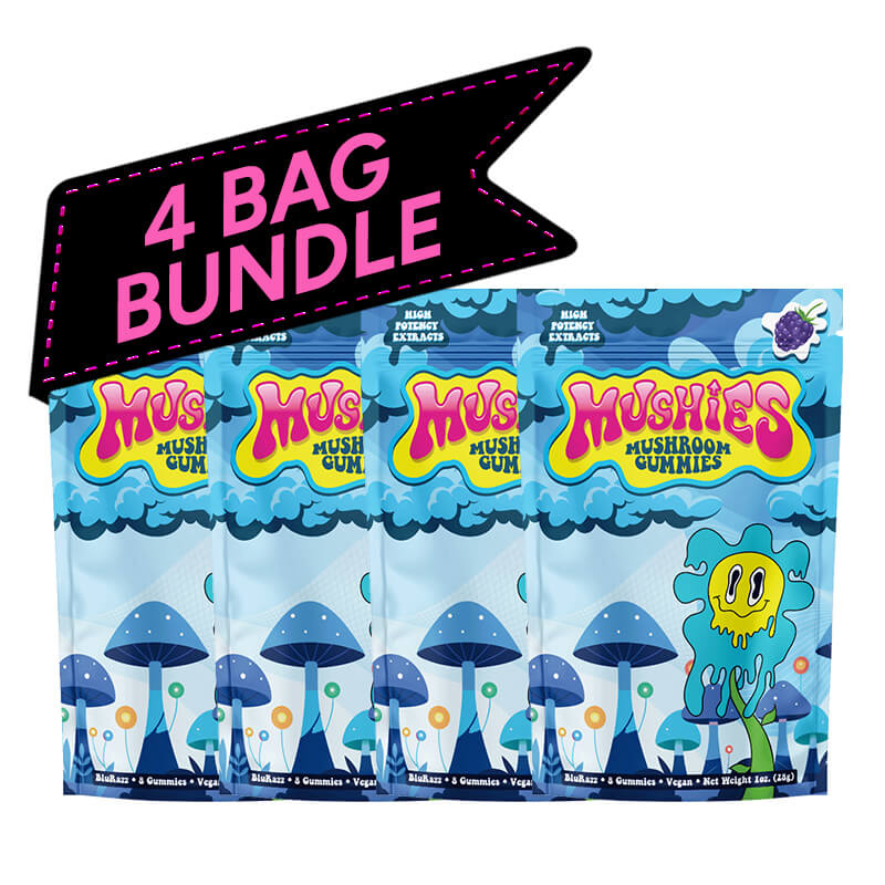 Packaging of blue raspberry Mushies mushroom gummies with a '4 Bag Bundle' label.
