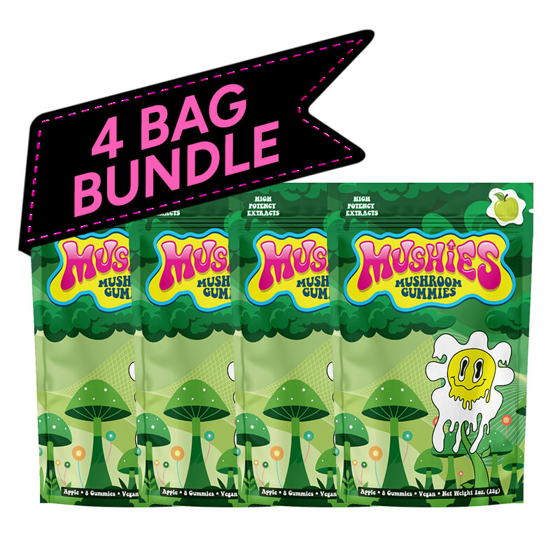 Four bag bundle of Mushies Mushroom Gummies with a '4 Bag Bundle' banner above them.