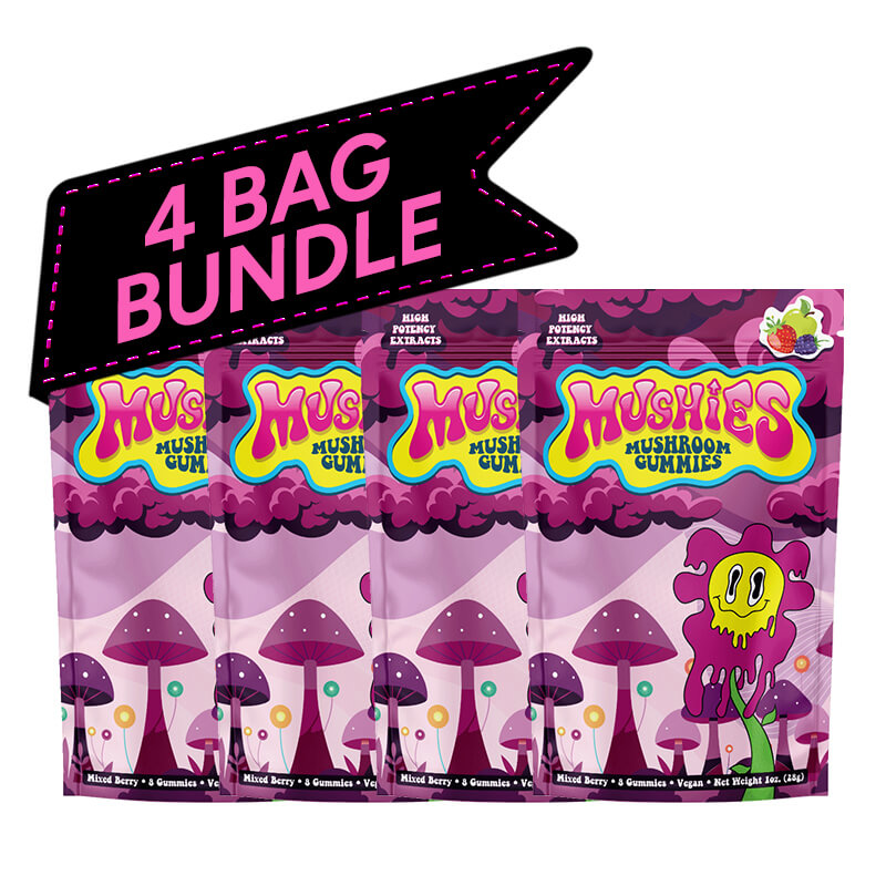 Four packages of Mushies wild berry-flavored Mushroom Gummies represent the 4-bag bundle deal.