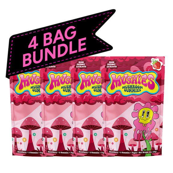 Four packages of strawberry Mushies Mushroom Gummies with a pink banner indicating a bundle.