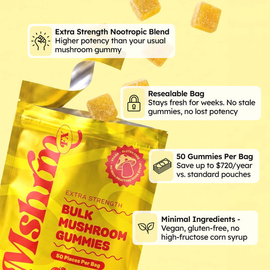Mushroom FX Extra Strength Bulk Mushroom Gummies Mango, 50 count. Yellow bag, opened, with sugar-coated golden mango gummy pieces bursting out on a yellow background. Features four product callouts: an extra-strength nootropic blend for higher potency, a resealable bag to stay fresh for weeks with no loss of potency, 50 gummies per bag, saving up to 720 dollars per year versus standard pouches, and minimal vegan, gluten-free ingredients with no high-fructose corn syrup.
