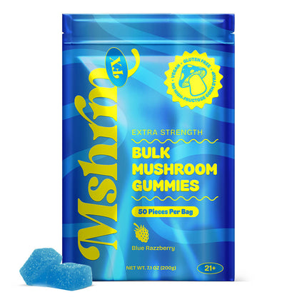 Blue Raspberry Bag: MshrooM FX Extra Strength Bulk Mushroom Gummies Blue Raspberry 50 count resealable bag with vegan gluten-free no HFCS badges