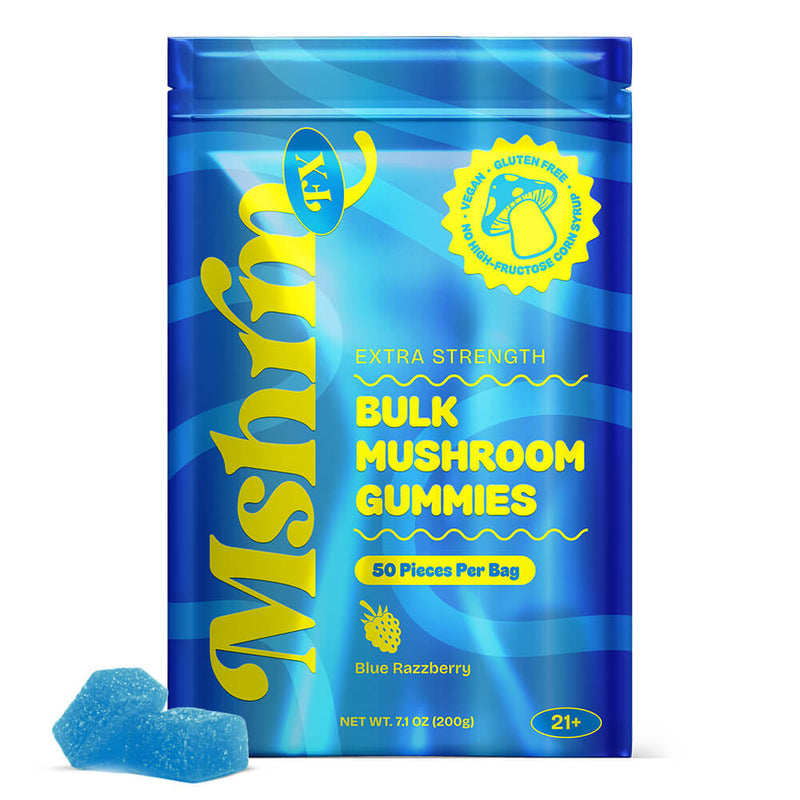 Blue Raspberry Bag: MshrooM FX Extra Strength Bulk Mushroom Gummies Blue Raspberry 50 count resealable bag with vegan gluten-free no HFCS badges