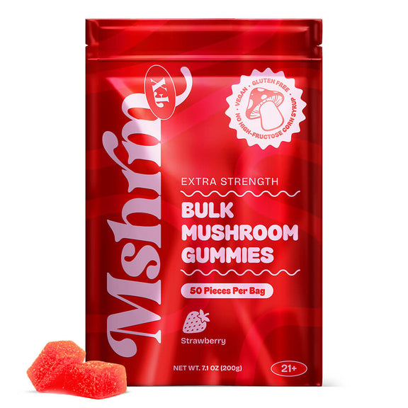 Strawberry Bag: MshrooM FX Extra Strength Bulk Mushroom Gummies, Strawberry, 50 count resealable bag with vegan, gluten-free, no HFCS badges