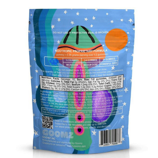 The back of the Goomz Mango Chew Magic Mushroom Gummies for macro dosing, showing the nutrients and ingredients. 