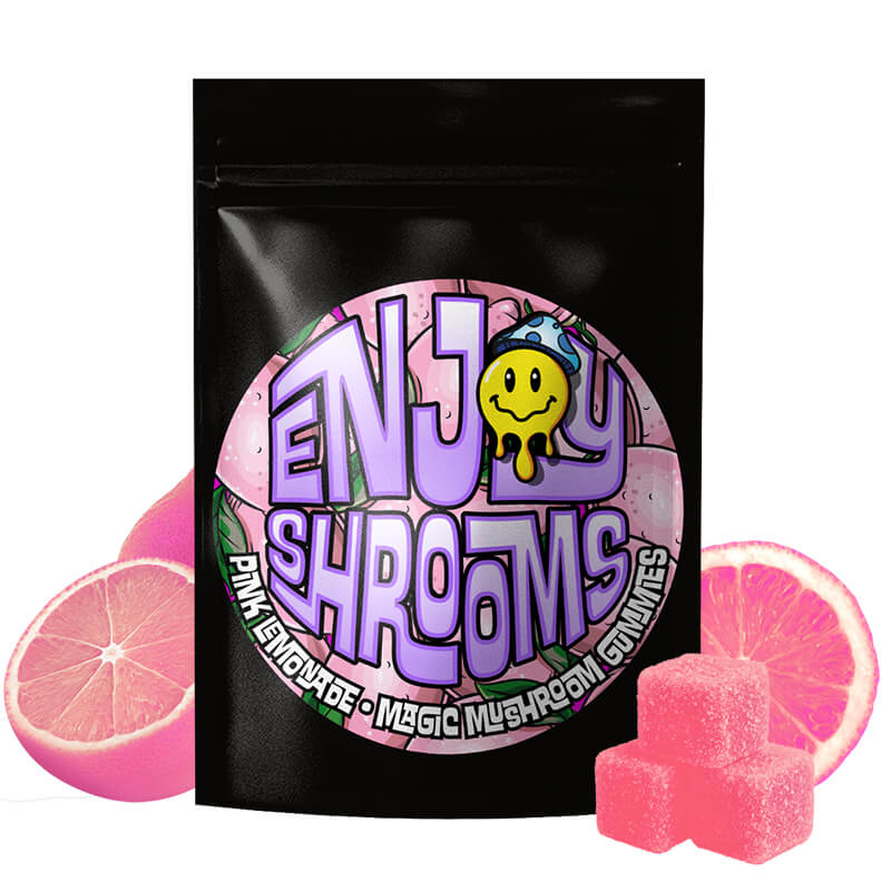 Enjoy Shrooms Bulk Pink Lemonade Mushroom Gummies 50 count bag featuring bright citrus flavor and bulk value.