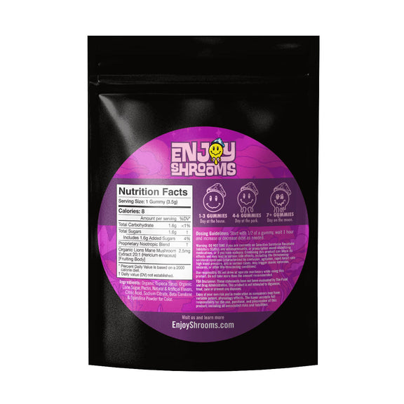 Back of Enjoy Shrooms Bulk Pink Lemonade Gummies packaging showing ingredients, bulk count, and storage details.