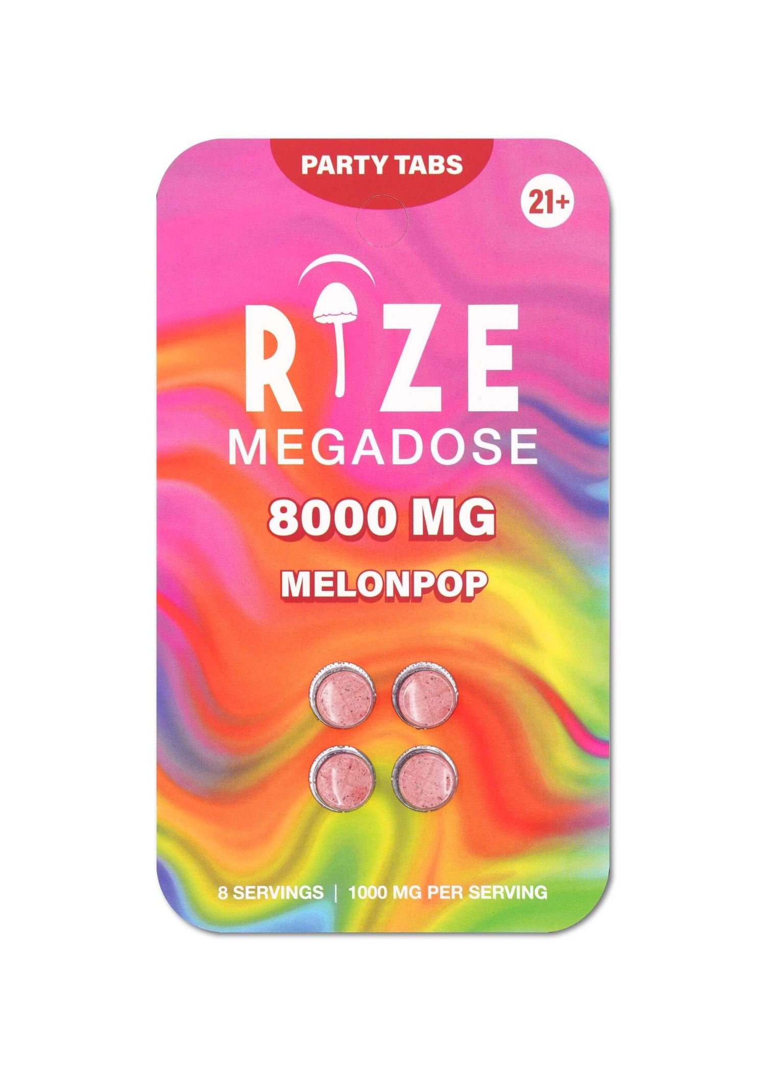 8000mg Melon Pop Party Tabs blister pack — four scored fresh melon mushroom blend tablets with bright green and white juicy fruit packaging.