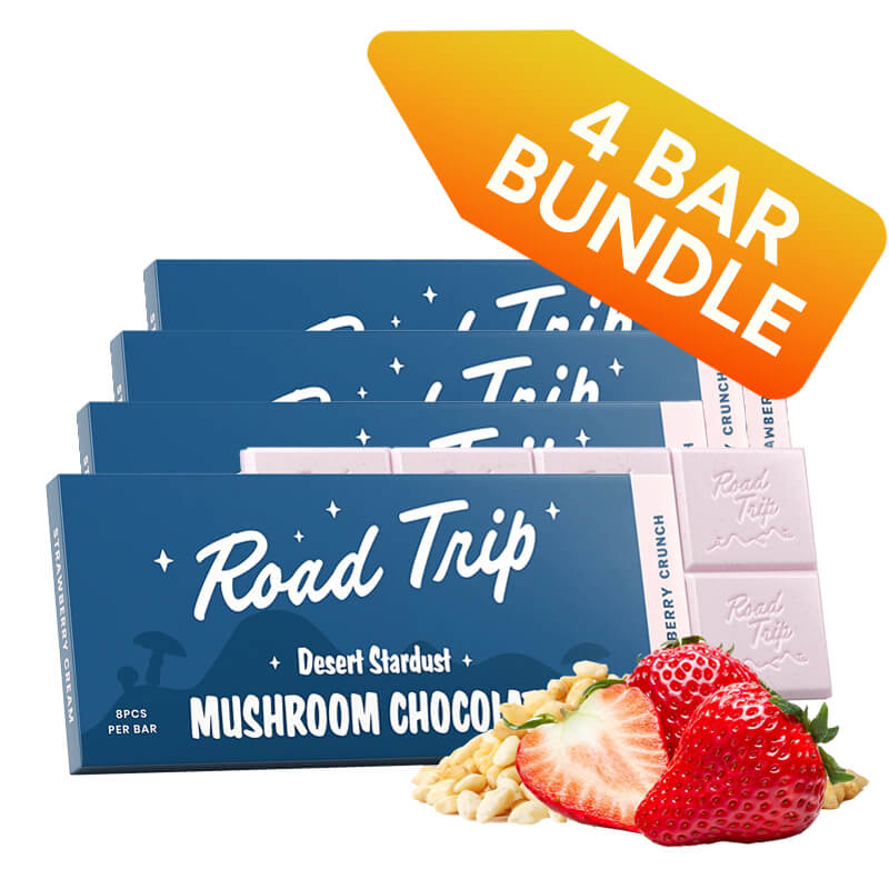 Save nearly $23 with Road Trip Strawberry Crunch Bulk Mushroom Chocolate Bar 4-Pack
