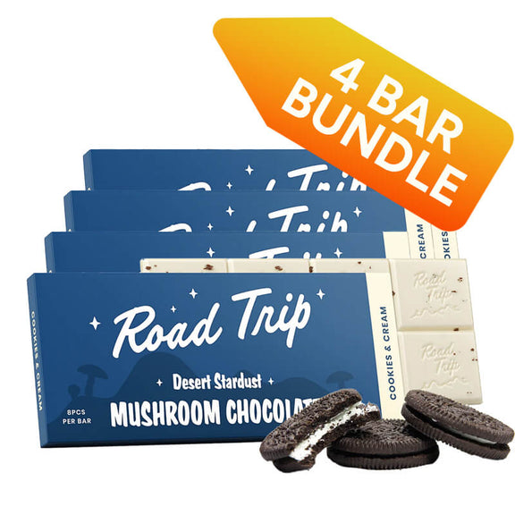 Save nearly $23 with Road Trip Cookies & Cream Bulk Mushroom Chocolate Bar 4-Pack.