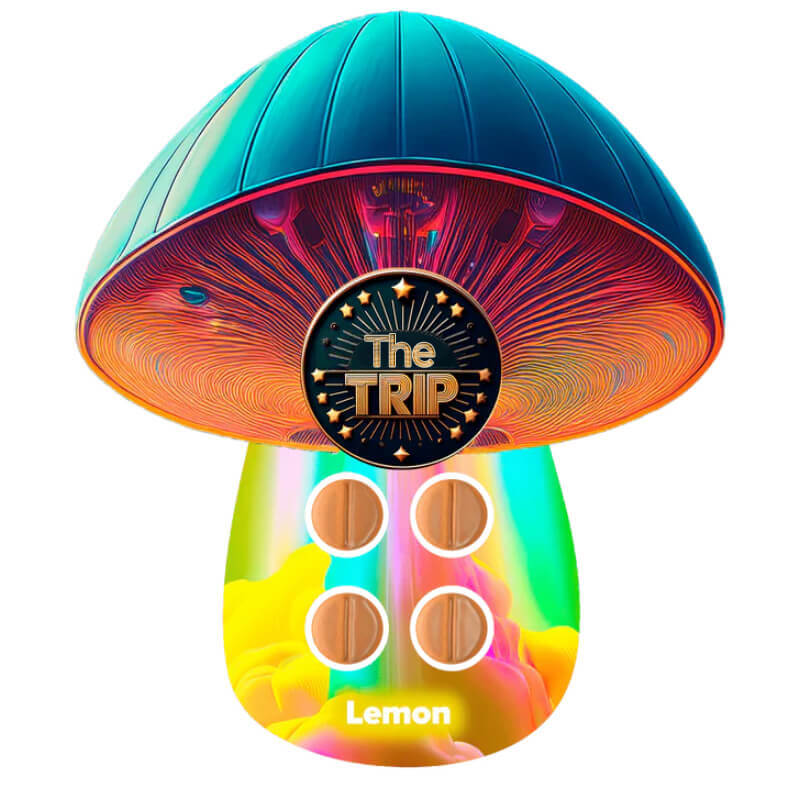 Front packaging of The Trip Lemon Mushroom Tabs with 4-count label and bright citrus-themed design.