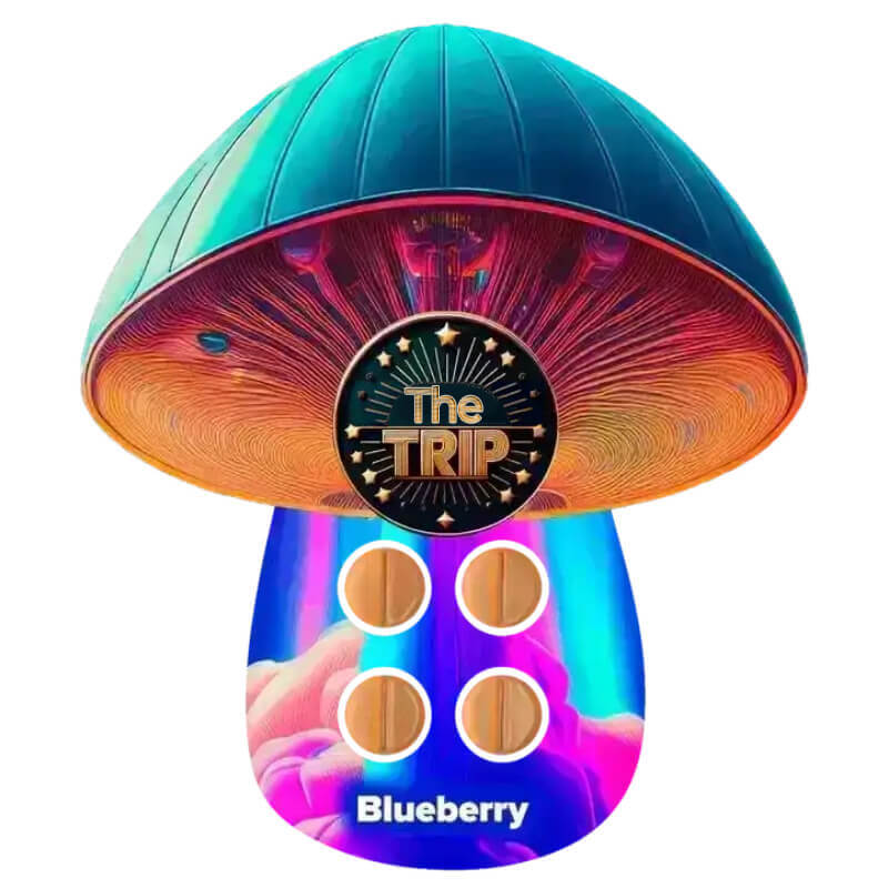 Front packaging of The Trip Blueberry Mushroom Tabs with 4-count label and vibrant blueberry-themed design.