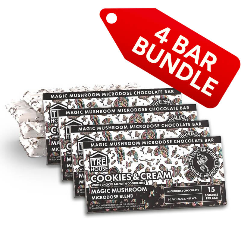 Four packages of the discounted Tre House Cookies and Cream flavored Bulk Mushroom  Chocolate Bar with a red '4 Bar Bundle' tag above it.  