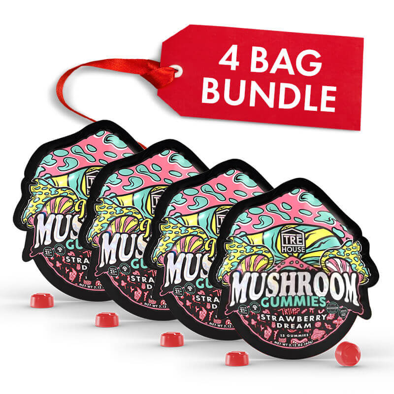 Four bags of Tre House Magic Mushroom Gummies with a red tag indicating a 4 bag bundle on a white background.