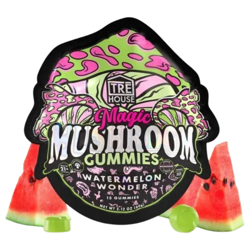  Front of TRĒ House Watermelon Wonder Magic Mushroom Gummies pouch with colorful design and 15-count label.