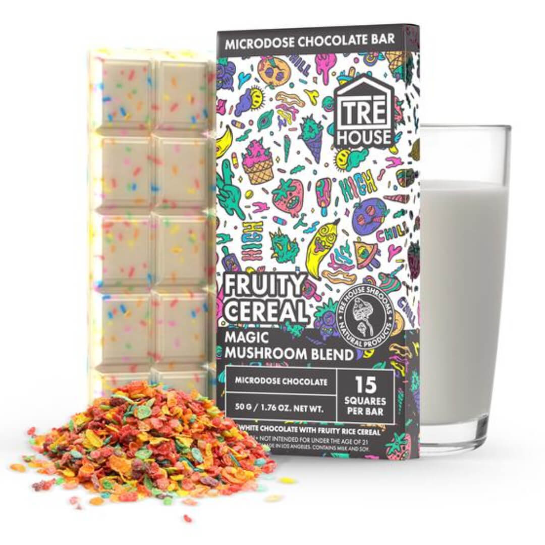 Front of TRĒ House Fruity Cereal  Mushroom Chocolate bar with cereal-inspired artwork and 15-square label.