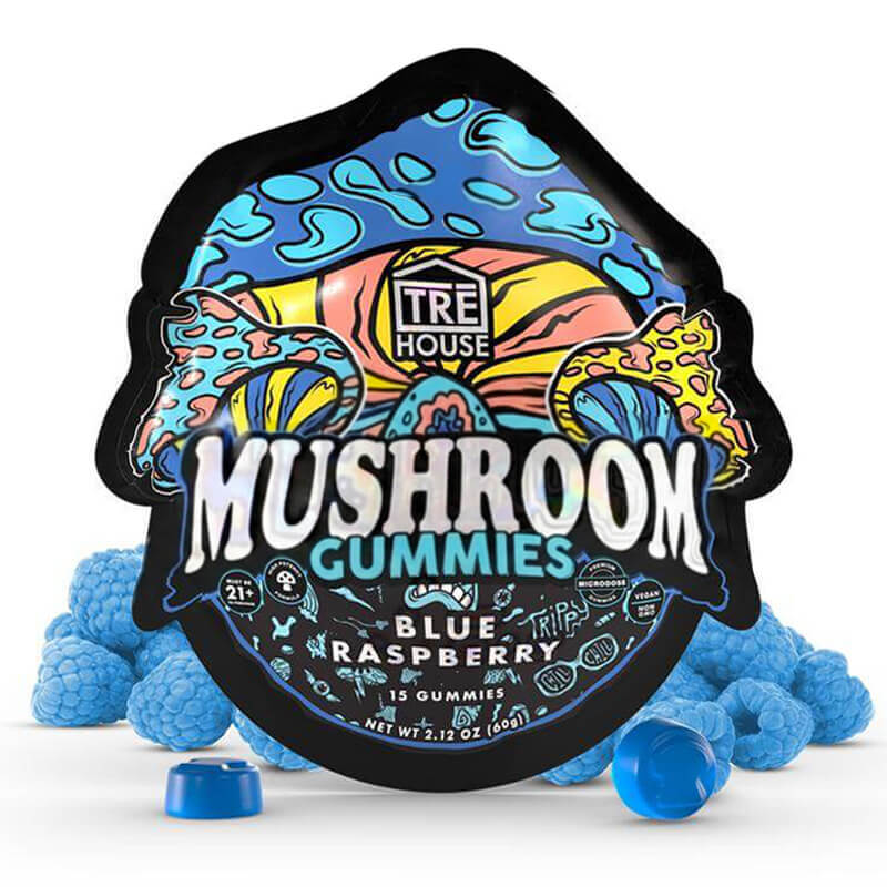 Front of TRĒ House Blue Raspberry Mushroom Gummies bag with bold blue coloring and 15-count label.