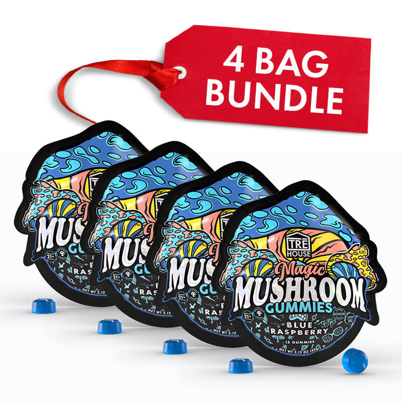 Four bags of Tre House Magic Mushroom Gummies with a red tag indicating a 4 bag bundle on a white background.