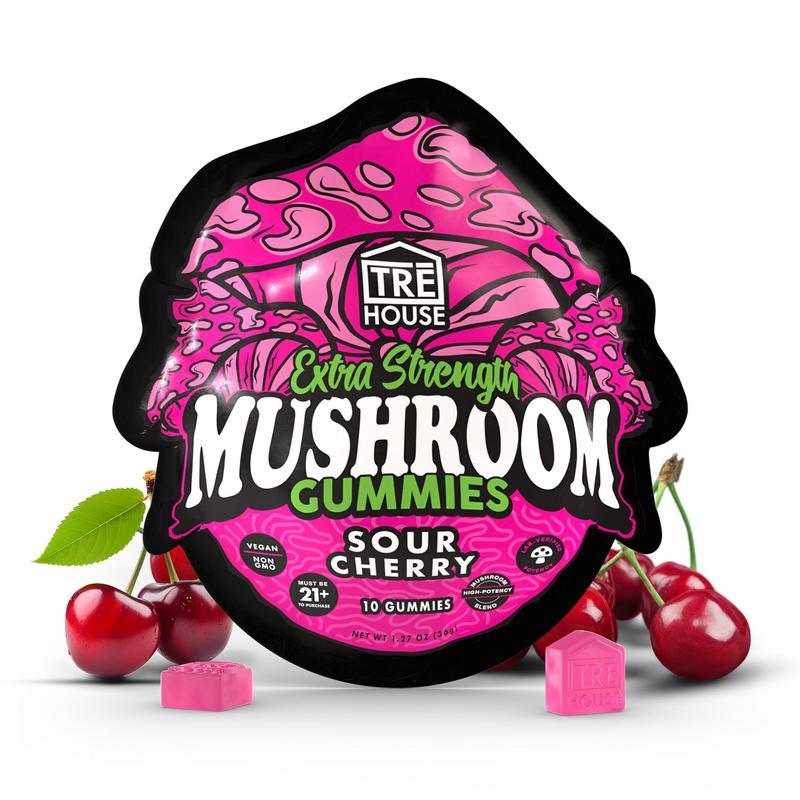 TRĒ House Sour Cherry mushroom gummies, extra-strength 10 count bag, highlighting upgraded formula and bold sour cherry flavor.