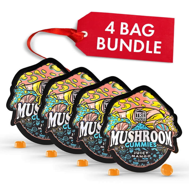 Four bags of Tru House Magic Mushroom Gummies with a red tag indicating a bundle on a white background.