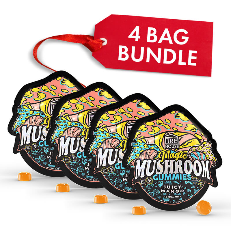 Four bags of Tru House Magic Mushroom Gummies with a red tag indicating a bundle on a white background.
