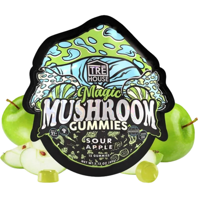 Front of TRĒ House Sour Apple magic mushroom gummies pouch with bright green apple graphics and bold psychedelic branding.