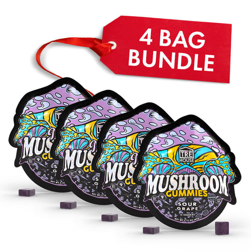 Four bags of Tre House Magic Mushroom Gummies sour grape flavored with a red tag indicating a 4 bag bundle on a white background.