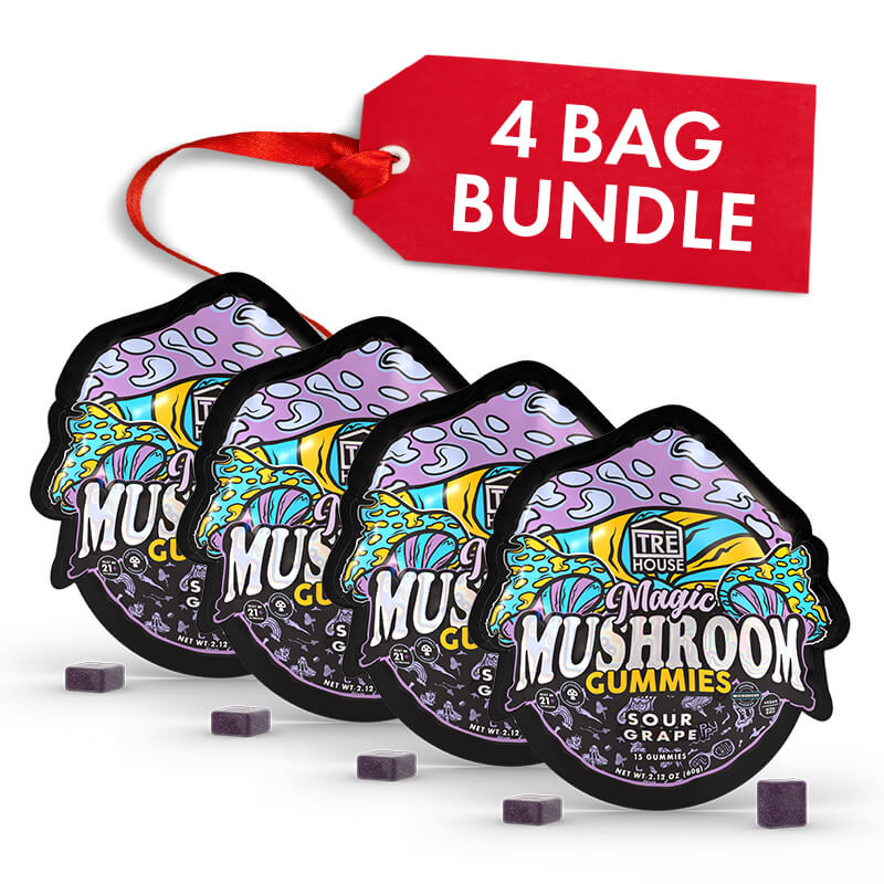 Four bags of TRE House Sour Grape Mushroom Gummies are shown together as a 4-pack bundle.