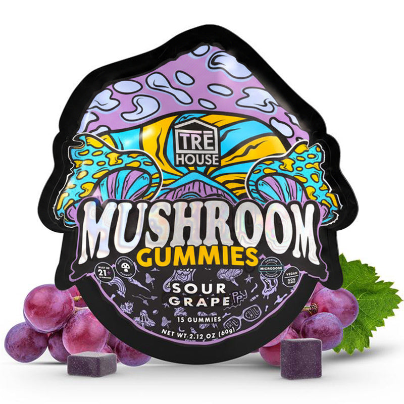 Front of TRĒ House Sour Grape Mushroom Gummies bag with grape-themed artwork and fun graphics.