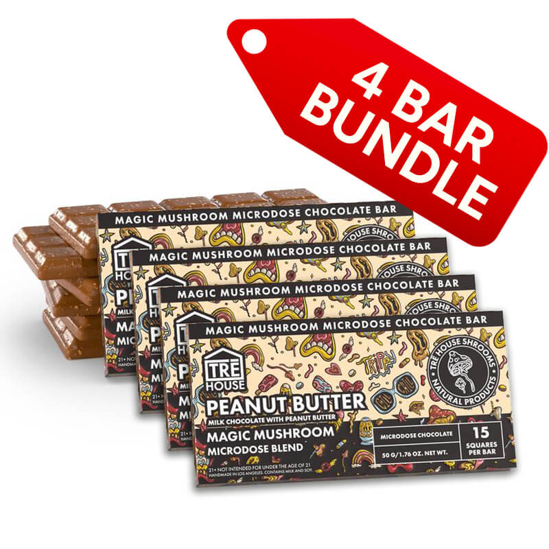 Four packages of the discounted Tre House Peanut Butter flavored Bulk Mushroom  Chocolate Bar with a red '4 Bar Bundle' tag above it.  
